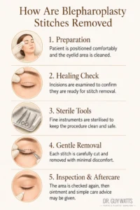 How Are Blepharoplasty Stitches Removed - Infographics by Dr Guy Watts