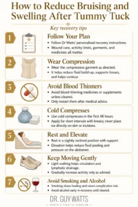 How to Reduce Bruising and Swelling After Tummy Tuck (Abdominoplasty) - Infographics by Dr Guy Watts