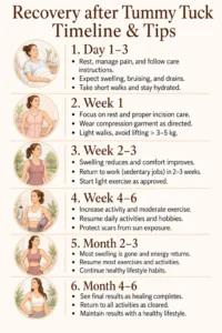 Recovery after Tummy Tuck Timeline and Tips after Abdominoplasty - Infographics by Dr Guy Watts